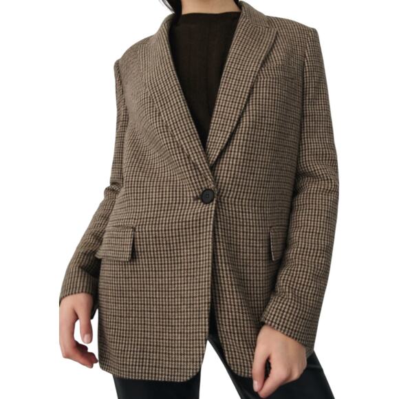 Zara Wool Blend Houndstooth Blazer Jacket Elbow Patch Brown Size XL - Picture 1 of 11